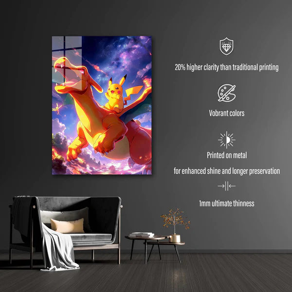 pichachu with charizard Pokemon- HD Shining Metal Poster