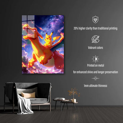 pichachu with charizard Pokemon- HD Shining Metal Poster