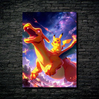 pichachu with charizard Pokemon- HD Shining Metal Poster