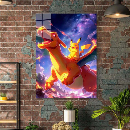 pichachu with charizard Pokemon- HD Shining Metal Poster